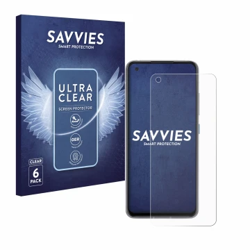 Vorderseite einer Produktverpackung mit dem Markenlogo Savvies. Daneben ist das Gerät ASUS ZenFone 8 mit dem zugehörigen Displ