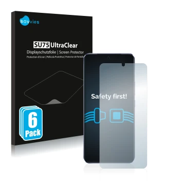 Vorderseite einer Produktverpackung mit dem Markenlogo Savvies. Daneben ist das Gerät Vivo V21 5G mit dem zugehörigen Displays