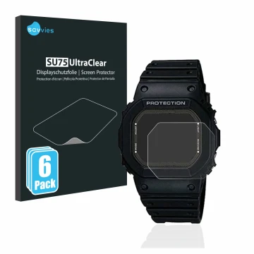 Vorderseite einer Produktverpackung mit dem Markenlogo Savvies. Daneben ist das Gerät Casio G-Shock GW-5000-1JF mit dem zugehö