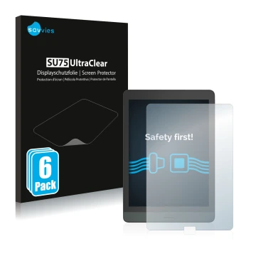 Vorderseite einer Produktverpackung mit dem Markenlogo Savvies. Daneben ist das Gerät Boox Nova 3 mit dem zugehörigen Displays