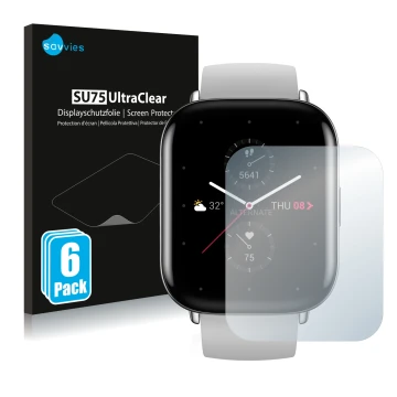 Vorderseite einer Produktverpackung mit dem Markenlogo Savvies. Daneben ist das Gerät Huami Amazfit Zepp E Square mit dem zuge