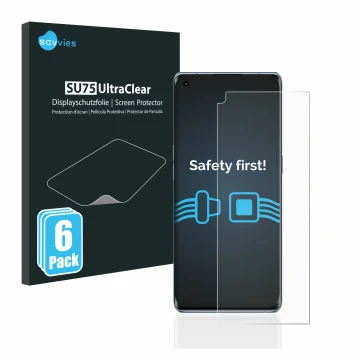 Vorderseite einer Produktverpackung mit dem Markenlogo Savvies. Daneben ist das Gerät Oppo Reno 6 Pro Plus 5G mit dem zugehöri