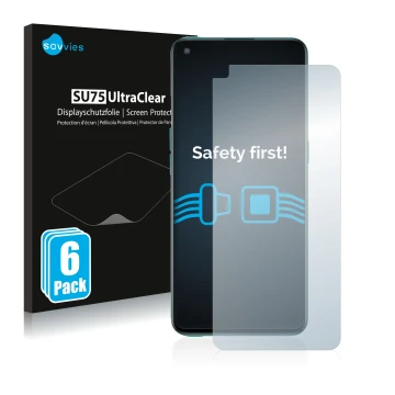 Vorderseite einer Produktverpackung mit dem Markenlogo Savvies. Daneben ist das Gerät OnePlus Nord CE 5G mit dem zugehörigen D