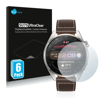 Vorderseite einer Produktverpackung mit dem Markenlogo Savvies. Daneben ist das Gerät Huawei Watch 3 Pro mit dem zugehörigen D
