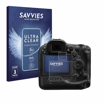Vorderseite einer Produktverpackung mit dem Markenlogo Savvies. Daneben ist das Gerät Canon EOS R3 mit dem zugehörigen Display
