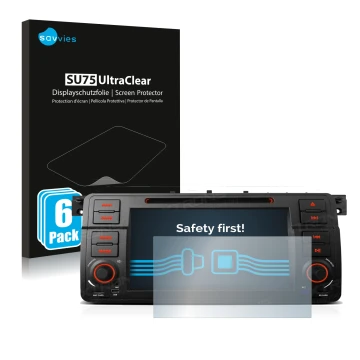 Vorderseite einer Produktverpackung mit dem Markenlogo Savvies. Daneben ist das Gerät Xtrons PQ7046B mit dem zugehörigen Displ