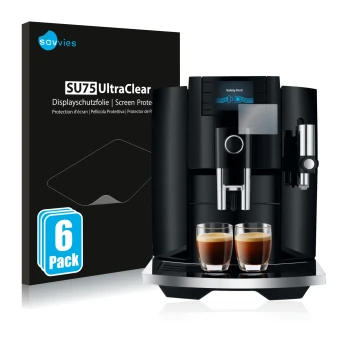 Vorderseite einer Produktverpackung mit dem Markenlogo Savvies. Daneben ist das Gerät Jura E8 (EB) mit dem zugehörigen Display