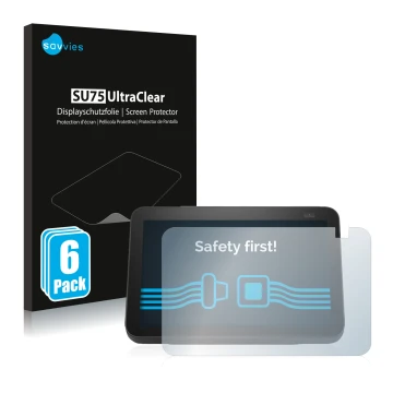 Vorderseite einer Produktverpackung mit dem Markenlogo Savvies. Daneben ist das Gerät Amazon Echo Show 8 2021 (2. Gen.) mit de