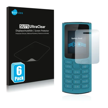 Vorderseite einer Produktverpackung mit dem Markenlogo Savvies. Daneben ist das Gerät Nokia 105 4G 2021 mit dem zugehörigen Di