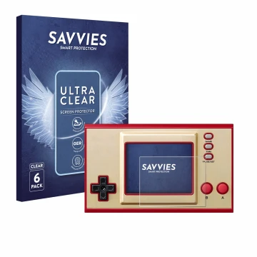Vorderseite einer Produktverpackung mit dem Markenlogo Savvies. Daneben ist das Gerät Nintendo Game & Watch Super Mario Bros m