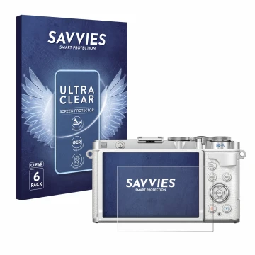 Vorderseite einer Produktverpackung mit dem Markenlogo Savvies. Daneben ist das Gerät Olympus PEN E-P7 mit dem zugehörigen Dis
