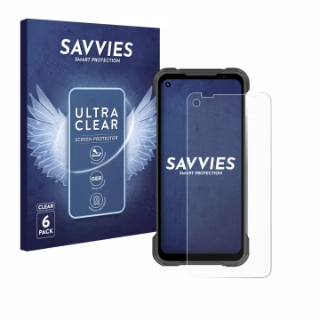 Vorderseite einer Produktverpackung mit dem Markenlogo Savvies. Daneben ist das Gerät Doogee S97 Pro mit dem zugehörigen Displ