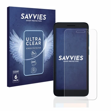Vorderseite einer Produktverpackung mit dem Markenlogo Savvies. Daneben ist das Gerät Alcatel 1 (2021) mit dem zugehörigen Dis