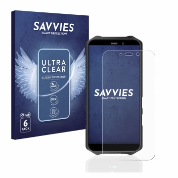 Vorderseite einer Produktverpackung mit dem Markenlogo Savvies. Daneben ist das Gerät Oukitel WP12 Pro mit dem zugehörigen Dis