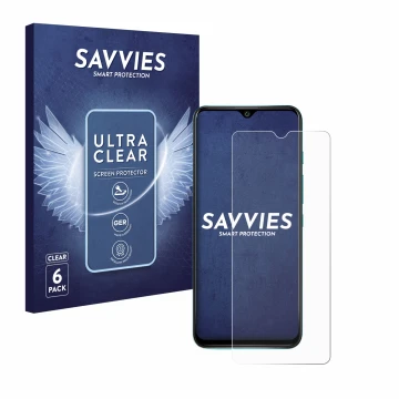 Vorderseite einer Produktverpackung mit dem Markenlogo Savvies. Daneben ist das Gerät Wiko Power U30 mit dem zugehörigen Displ