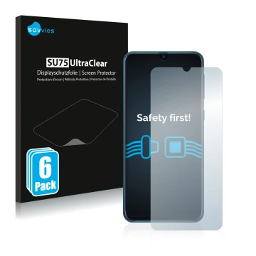 Vorderseite einer Produktverpackung mit dem Markenlogo Savvies. Daneben ist das Gerät Samsung Galaxy M21 2021 mit dem zugehöri