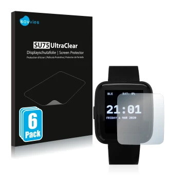 Vorderseite einer Produktverpackung mit dem Markenlogo Savvies. Daneben ist das Gerät Pine64 PineTime mit dem zugehörigen Disp