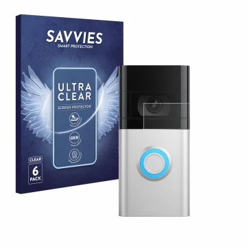 Vorderseite einer Produktverpackung mit dem Markenlogo Savvies. Daneben ist das Gerät Ring Video Doorbell 4 mit dem zugehörige