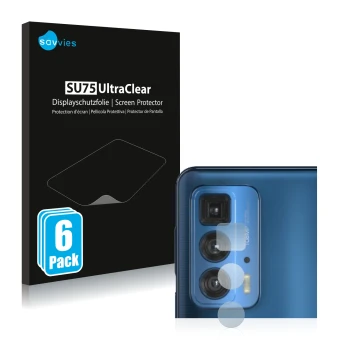 Vorderseite einer Produktverpackung mit dem Markenlogo Savvies. Daneben ist das Gerät Motorola Edge 20 Pro (NUR Kameraschutz) 