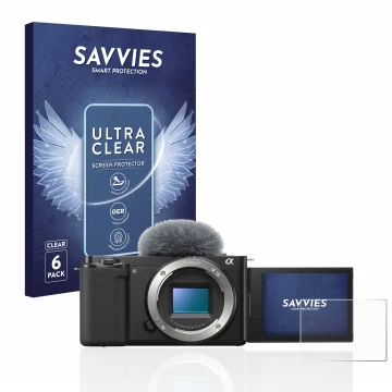 Vorderseite einer Produktverpackung mit dem Markenlogo Savvies. Daneben ist das Gerät Sony Alpha ZV-E10 mit dem zugehörigen Di