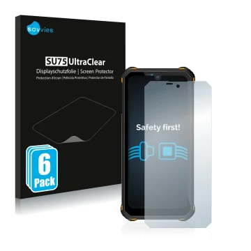 Vorderseite einer Produktverpackung mit dem Markenlogo Savvies. Daneben ist das Gerät Oukitel WP15 5G mit dem zugehörigen Disp