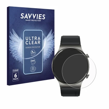 Vorderseite einer Produktverpackung mit dem Markenlogo Savvies. Daneben ist das Gerät Huawei Watch GT 2 Pro ECG mit dem zugehö
