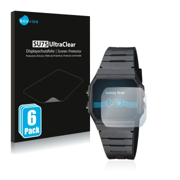 Vorderseite einer Produktverpackung mit dem Markenlogo Savvies. Daneben ist das Gerät Casio Collection Unisex F-91W mit dem zu