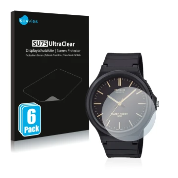 Vorderseite einer Produktverpackung mit dem Markenlogo Savvies. Daneben ist das Gerät Casio Unisex MW-240 mit dem zugehörigen 