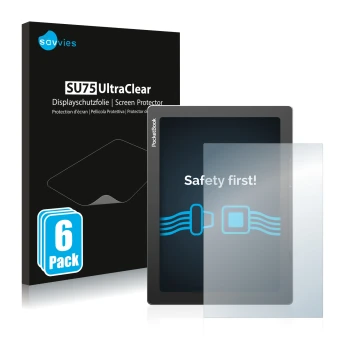 Vorderseite einer Produktverpackung mit dem Markenlogo Savvies. Daneben ist das Gerät PocketBook InkPad Lite mit dem zugehörig