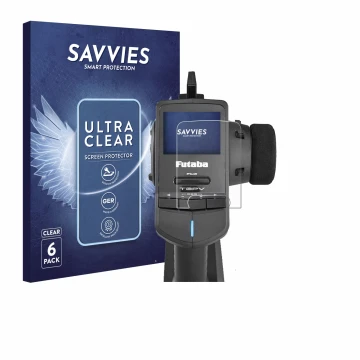 Vorderseite einer Produktverpackung mit dem Markenlogo Savvies. Daneben ist das Gerät Futaba T3PV mit dem zugehörigen Displays
