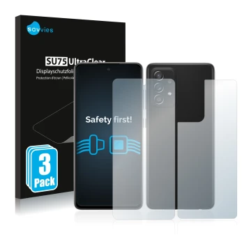 Vorderseite einer Produktverpackung mit dem Markenlogo Savvies. Daneben ist das Gerät Samsung Galaxy A52s 5G (Display+Rückseit
