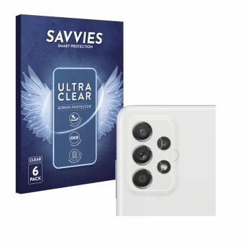 Vorderseite einer Produktverpackung mit dem Markenlogo Savvies. Daneben ist das Gerät Samsung Galaxy A52s 5G (NUR Kameraschutz