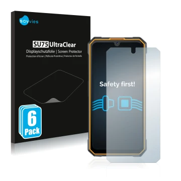 Vorderseite einer Produktverpackung mit dem Markenlogo Savvies. Daneben ist das Gerät Cubot King Kong 5 mit dem zugehörigen Di