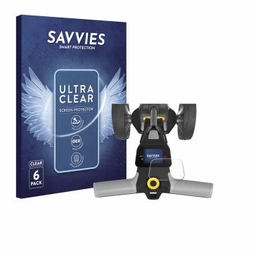 Vorderseite einer Produktverpackung mit dem Markenlogo Savvies. Daneben ist das Gerät PowaKaddy CT6 GPS mit dem zugehörigen Di