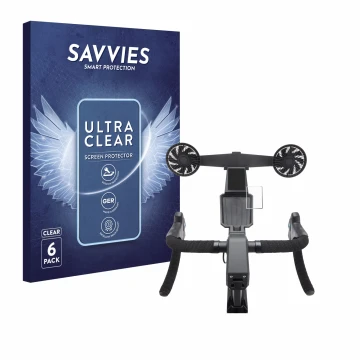 Vorderseite einer Produktverpackung mit dem Markenlogo Savvies. Daneben ist das Gerät Tacx Neo Bike Smart mit dem zugehörigen 