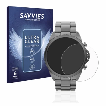 Vorderseite einer Produktverpackung mit dem Markenlogo Savvies. Daneben ist das Gerät Fossil Gen 6 (44mm) mit dem zugehörigen 
