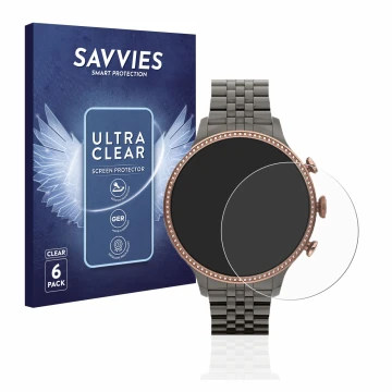 Vorderseite einer Produktverpackung mit dem Markenlogo Savvies. Daneben ist das Gerät Fossil Gen 6 (42mm) mit dem zugehörigen 