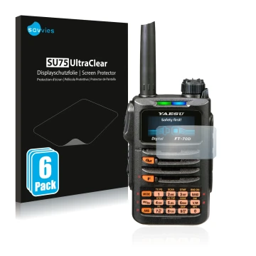 Vorderseite einer Produktverpackung mit dem Markenlogo Savvies. Daneben ist das Gerät Yaesu FT-70DR mit dem zugehörigen Displa