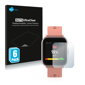 Vorderseite einer Produktverpackung mit dem Markenlogo Savvies. Daneben ist das Gerät Denver SW-164 mit dem zugehörigen Displa