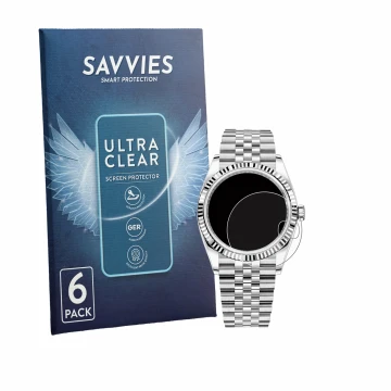 Vorderseite einer Produktverpackung mit dem Markenlogo Savvies. Daneben ist das Gerät Rolex Datejust 36 mit dem zugehörigen Di