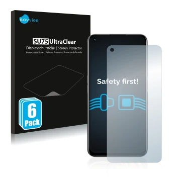 Vorderseite einer Produktverpackung mit dem Markenlogo Savvies. Daneben ist das Gerät realme 8i mit dem zugehörigen Displaysch