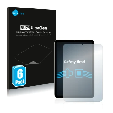 Vorderseite einer Produktverpackung mit dem Markenlogo Savvies. Daneben ist das Gerät Apple iPad Mini 6 2021 mit dem zugehörig