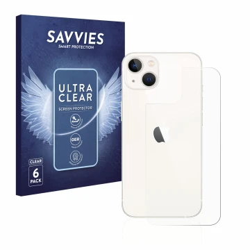 Vorderseite einer Produktverpackung mit dem Markenlogo Savvies. Daneben ist das Gerät Apple iPhone 13 (Rückseite) mit dem zuge
