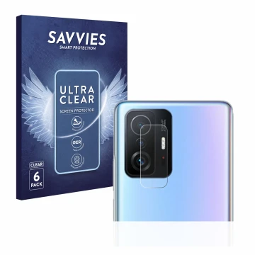 Vorderseite einer Produktverpackung mit dem Markenlogo Savvies. Daneben ist das Gerät Xiaomi 11T Pro (NUR Kameraschutz) mit de