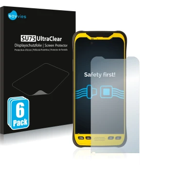 Vorderseite einer Produktverpackung mit dem Markenlogo Savvies. Daneben ist das Gerät Trimble TDC600 mit dem zugehörigen Displ