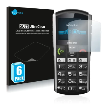 Vorderseite einer Produktverpackung mit dem Markenlogo Savvies. Daneben ist das Gerät Emporia Simplicity mit dem zugehörigen D