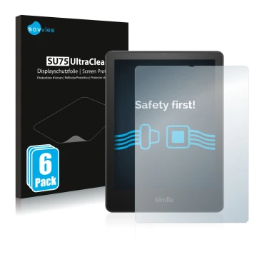 Vorderseite einer Produktverpackung mit dem Markenlogo Savvies. Daneben ist das Gerät Amazon Kindle Paperwhite 2021 Signature 