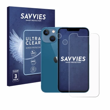 Vorderseite einer Produktverpackung mit dem Markenlogo Savvies. Daneben ist das Gerät Apple iPhone 13 mini (Display+Kamera) mi