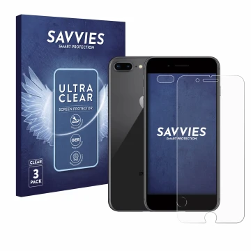 Vorderseite einer Produktverpackung mit dem Markenlogo Savvies. Daneben ist das Gerät Apple iPhone 8 Plus (Display+Kamera) mit
