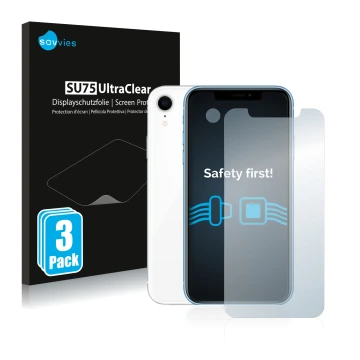 Vorderseite einer Produktverpackung mit dem Markenlogo Savvies. Daneben ist das Gerät Apple iPhone XR (Display+Kamera) mit dem